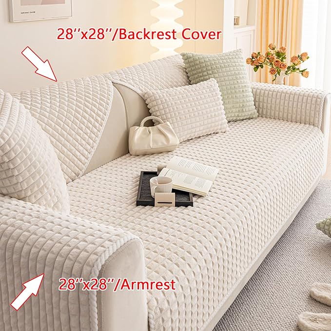 Velvet Couch Cover Sectional, Funny Fuzzy Pet Couch Covers for Backrest, Plush Warm Sofa Covers for Pets Washable, Non-slip Couchs Cover for Pets & Kids(1PC, Beige White, 35.4"×35.4", Single Seater)