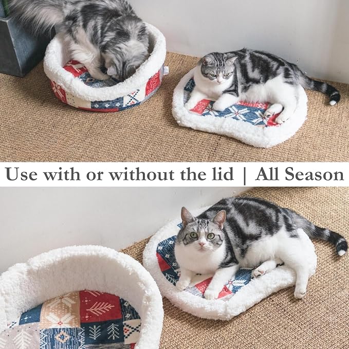 Cat Bed Cave – Enclosed Hideaway with Detachable Lid & Mat, Covered Round House for Indoor Kitten & Kitty (Snow)
