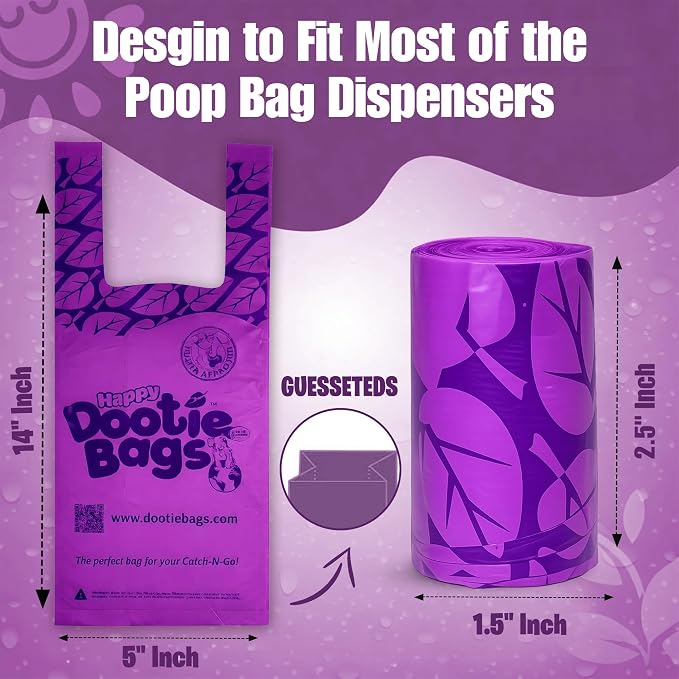 Happy Dootie Bags 10 Rolls.120 Bags with Handles. Clean, Quick and Convenient Pet Dog Poop Cleanup on Walks with Your Furry Friend. Made with Corn Starch. Strong and Leakproof. (Medium Size)