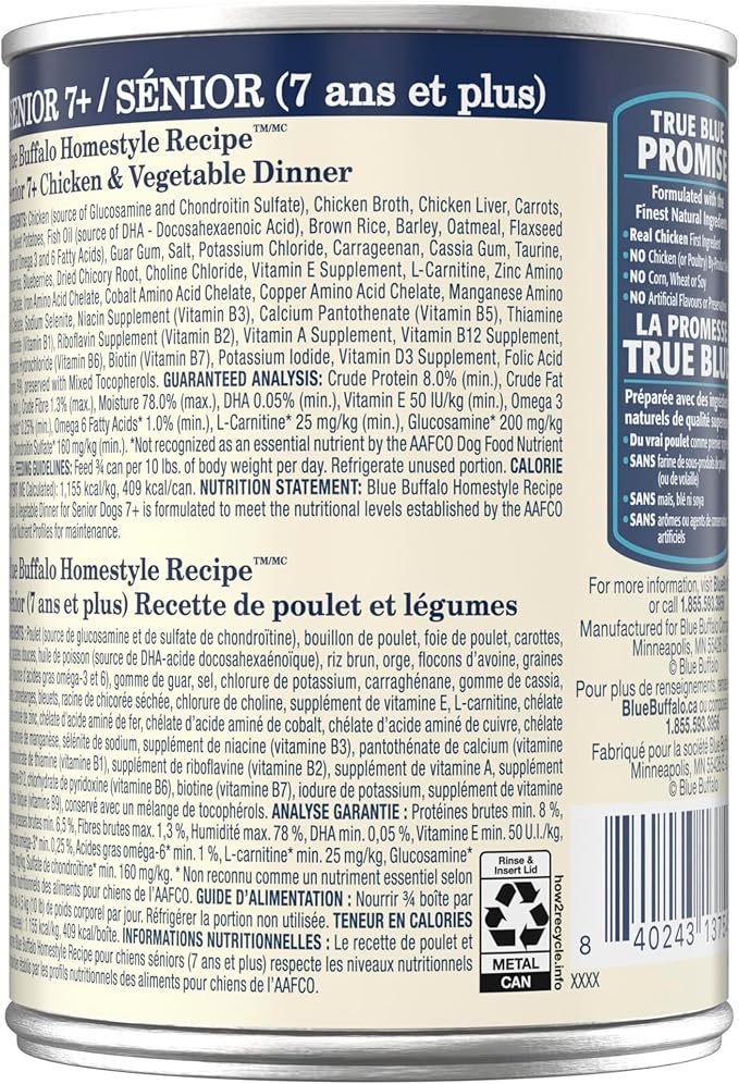 Blue Buffalo Homestyle Recipe Chicken & Vegetable Dinner Paté Natural Wet Dog Food for Senior 7+ Dogs, Made with Natural Ingredients, Vitamins & Minerals, 12.5-oz. Can (12 Count)