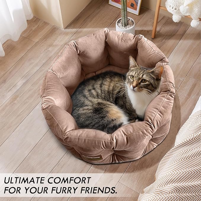 ClevaHome Deep Nest Cat Beds for Indoor Cats, Washable Round Cat Bed, Cute Kitten Bed with Anti-Slip Bottom for Kitty and Puppy, 20inches, Warm Beige