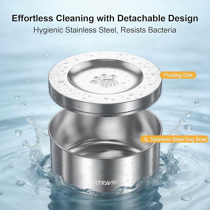 304 Stainless Steel Dog Water Bowl No Spill, 101oz/3L Large Capacity Pet Water Dispenser with Floating Disk, Non-Slip Slow Drink Feeder for Cat, Anti-Gulping & Splash Proof for Travel, Car & Home