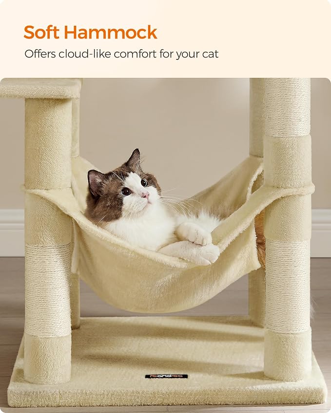 Feandrea Cat Tree, 54.2-Inch Cat Tower, Plush Multi-Level Condo with 4 Scratching Posts, 2 Perches, Hammock, Cave, Beige UPCT161M01