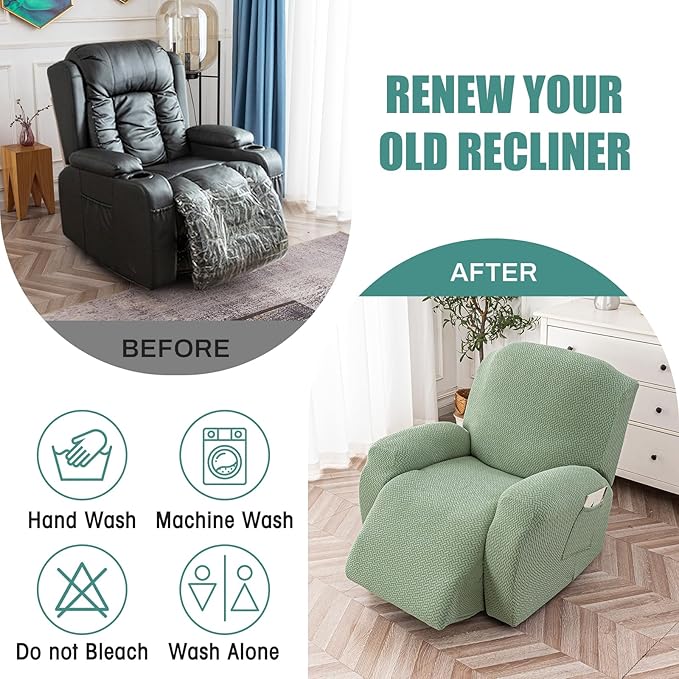 Genina Recliner Chair Cover, Stretch Reclining Chair Covers, Recliner Sofa Slipcovers Stripe Jacquard Lazy Couch Covers Furniture Protector Covers for Pet Kid (Matcha Green, 1 Seat)