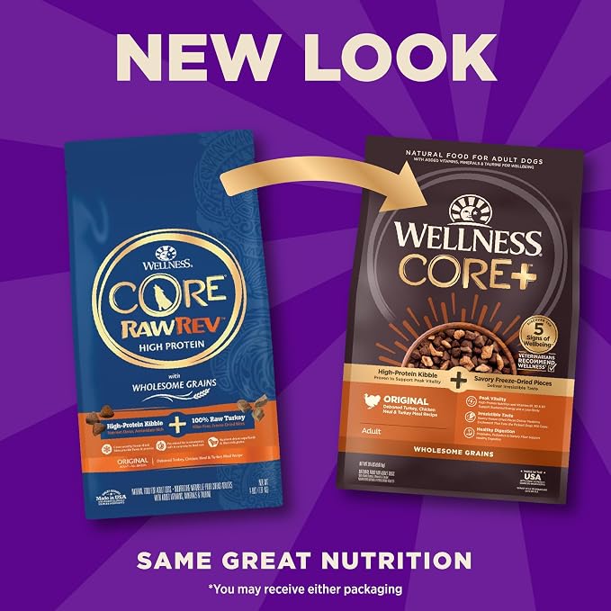 Wellness CORE+ Adult Dry Dog Food with Freeze Dried Pieces, Wholesome Grain Kibble+, Natural, High Protein, Turkey and Chicken Recipe, 20 lb Bag