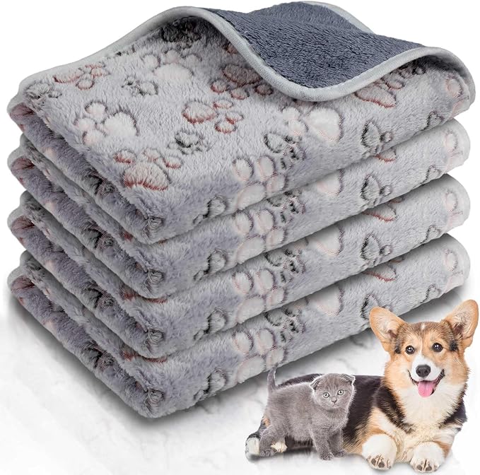 Panelee 4 Pcs 24 x 16 Inch Waterproof Dog Puppy Pads Soft Cat Blankets Dog Sleep Mat Absorbent Pet Blanket Paw Pattern Whelping Warm Pads Fleece Puppy Potty Training Pad Reusable(Gray)