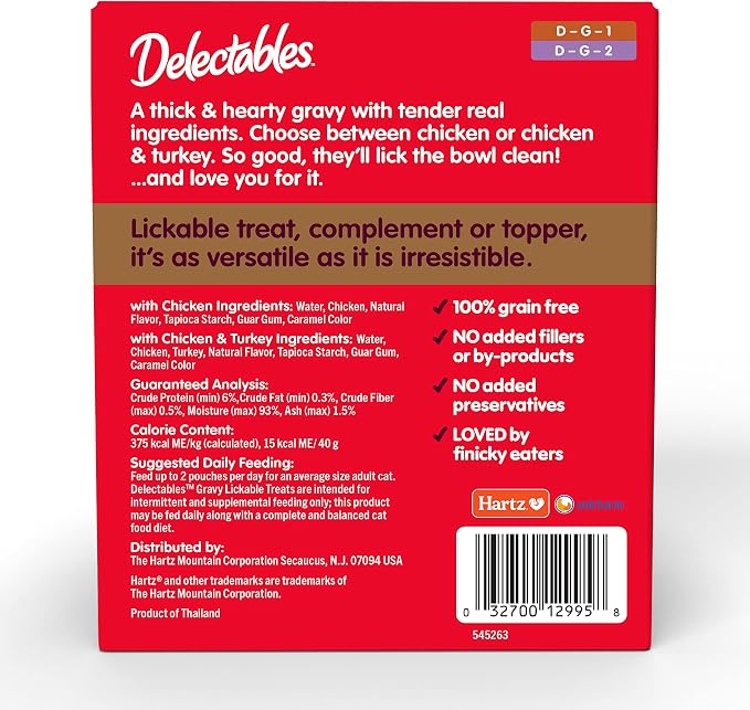 Delectables Lickable Treat Gravy Wet Cat Treat Variety Pack, Food Topper, Hydrating, Grain-Free, No Fillers, By-Products, Added Preservatives, 1.4oz Pouch, 12ct