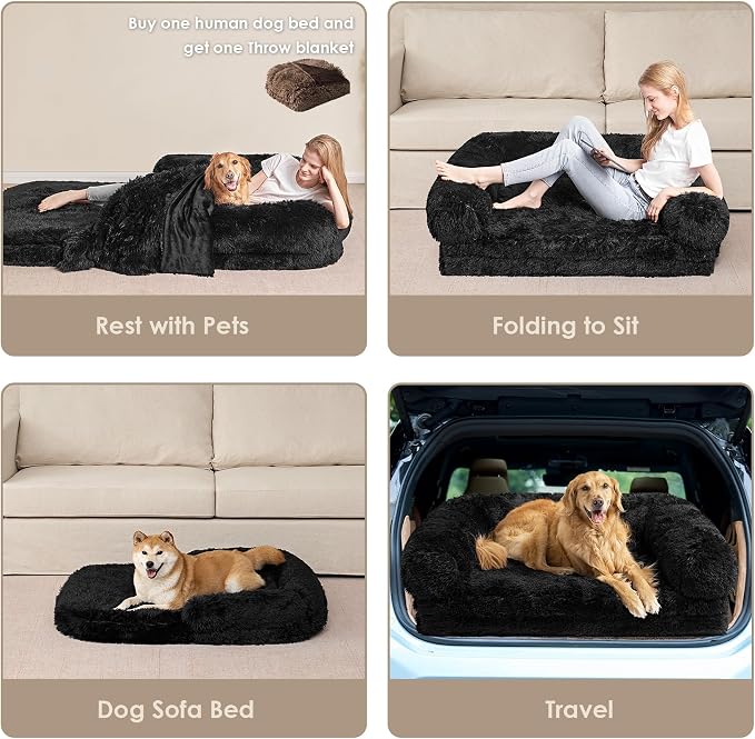 EHEYCIGA Foldable XXL Dog Bed for Large Sized Dog, 54"x38"x7.5" Faux Fur Fluffy Pet Couch Bed, Orthopedic Calming Memory Foam Big Pet Bed, Washable Pet Sofa Bed with Non-Slip Bottom, Black