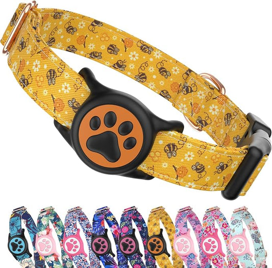 Airtag Dog Collar,with Waterproof airtag Holder，Original Stylish Cute Pattern Design.QR Code ID Buckle，Comfortable Soft Cotton for Small Medium Large Dogs