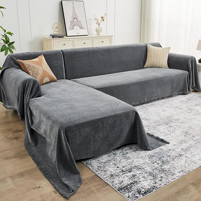 CAPALOCA Sectional Couch Covers, 2 Pieces Chenille Sofa Cover L Shaped Couch Cover Blanket for Dogs Washable Sofa Slipcovers Pet Furniture Protector (X-Large: 71" x 110" + 71" x 118", Dark Gray)