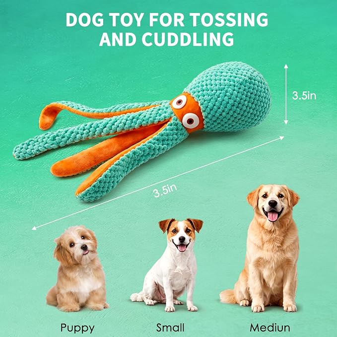 Fuufome Squeaky Octopus Plush Dog Toy for Small Medium Dogs, Soft Crinkle Chew Toy for Puppies Teething, Indoor Interactive Tug-of-War Dog Toy