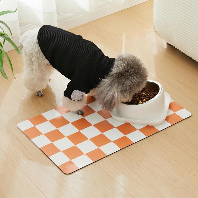 Checkered Dog Feeding Mat, Absorbent Mats for Dog Food and Water Bowl, Dispenser, Aesthetic Orange Checkerboard Pet Placemat for Dogs, Cats, Puppy Accessories (Orange, 12 x 19)