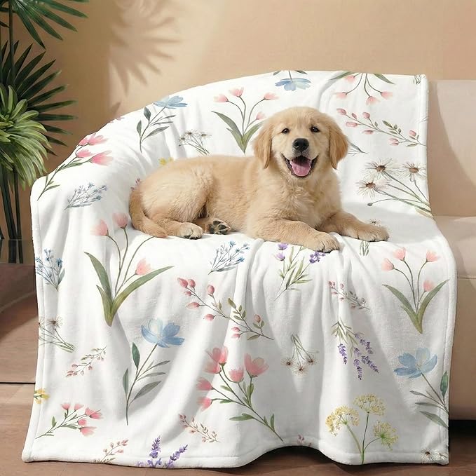 Horaldaily Pets Flannel Blanket, Spring Summer Watercolor Wild Flowers Blooming Soft Fuzzy Fluffy Plush Cozy Fleece Premium Blankets for Dog Cat Puppy Kitten Couch Protection, 30x40