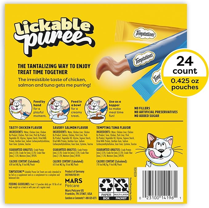 Temptations Creamy Puree Squeezable Lickable Cat Treats, Wet Cat Treats with Chicken, Salmon, and Tuna Variety Pack, 0.42 oz. Tubes, 24 Count