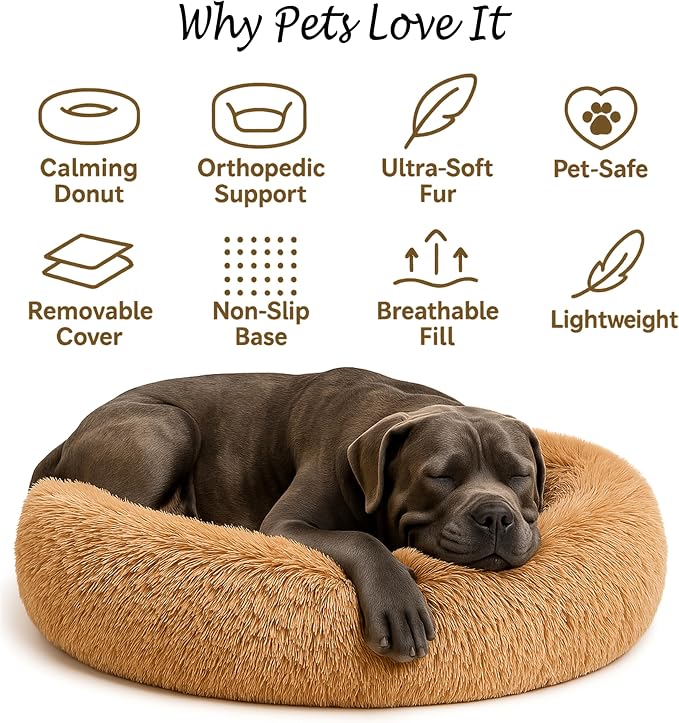 Calming Dog Bed - Fluffy Donut Cuddler for Anxiety Relief, Orthopedic Pet Bed with Non-Slip Bottom, Cozy Round Faux Fur Nest for Dogs and Cats, Plush Crate Mat for Comfort (Camel, Small)