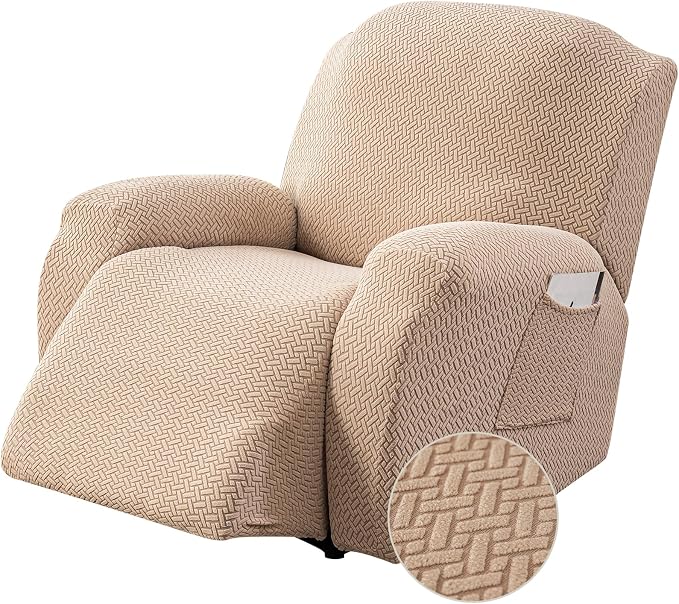 Genina Recliner Chair Cover, Stretch Reclining Chair Covers, Recliner Sofa Slipcovers Stripe Jacquard Lazy Couch Covers Furniture Protector Covers for Pet Kid (Khaki, 1 Seat)