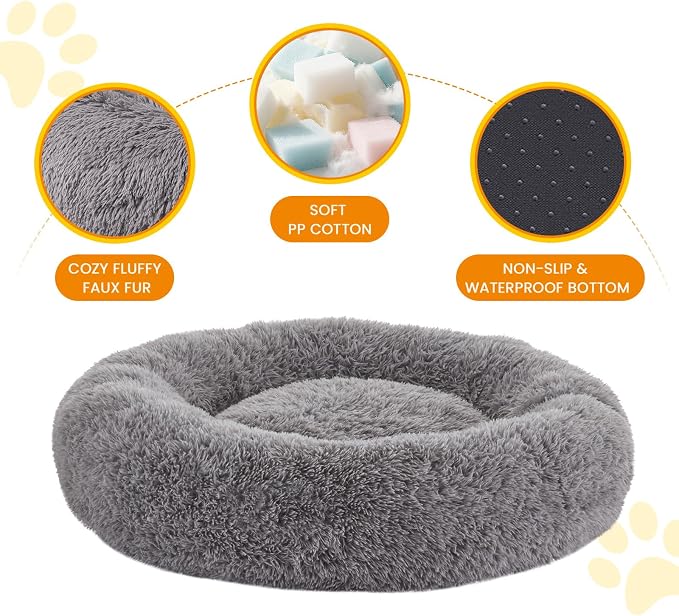 Calming Dog Beds for Large Dogs, Faux Fur Donut Cuddler Dog Bed, Round Fluffy Pillow, Washable Pet Bed for Dogs Up to 80Lbs, 36inch