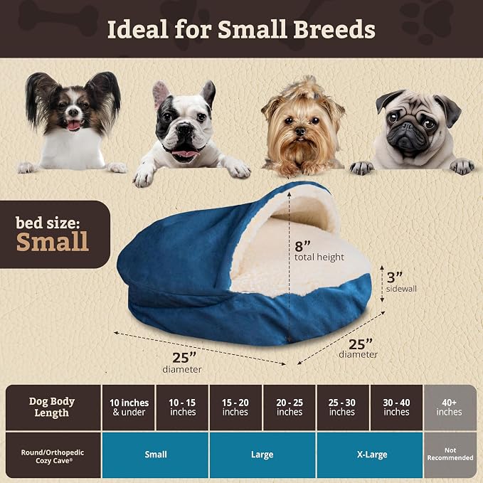 Snoozer Cozy Cave Dog Bed - Indoor Dog Bed with Cover Cave, Covered Calming Burrow for Small Sized Pets with Blanket Attached, Enclosed, Removable Washable Cover - Small, Sapphire