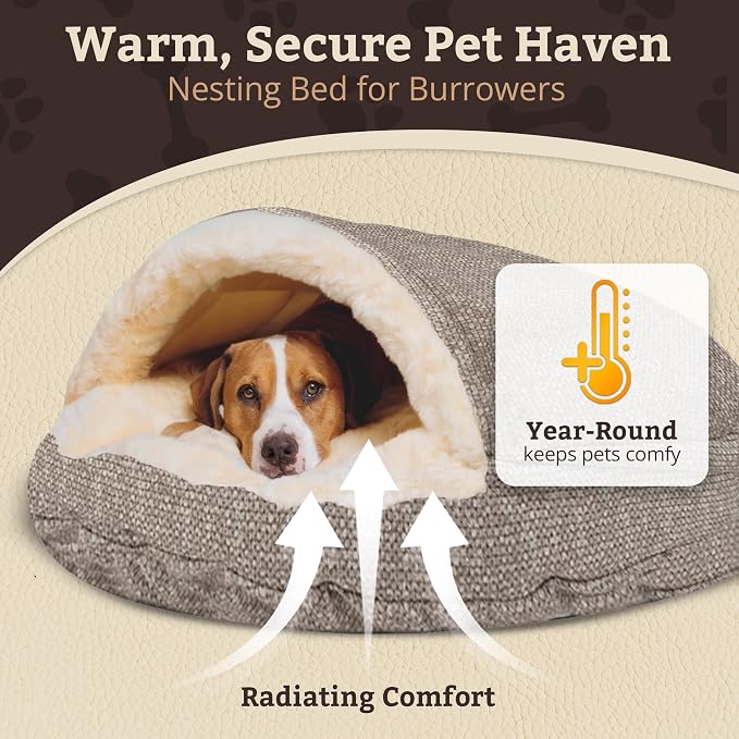 Snoozer Cozy Cave Dog Bed - Indoor Dog Bed with Cover Cave, Covered Calming Burrow for Small & Medium Sized Pets with Blanket Attached, Enclosed, Removable Washable Cover - Large, Merlin Linen