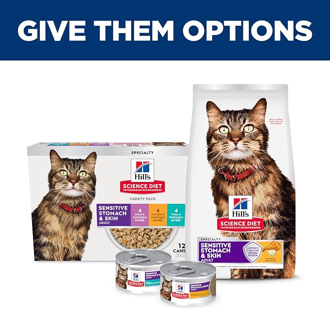 Hill's Science Diet Adult 1-6 Sensitive Stomach & Sensitive Skin Wet Cat Food, Variety Pack: Chicken, Tuna, & Duck, 2.9 oz. Cans, 12-Pack