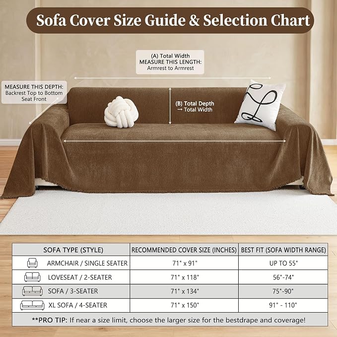 hyha Couch Cover for Dogs, Boho Sofa Covers for 3 Cushion Couch Washable, Chenille Sofa Slipcover for Pets, Soft Loveseat Sectional Couch Throw Blankets with Tassels (Chocolate, 71x91 Inch)