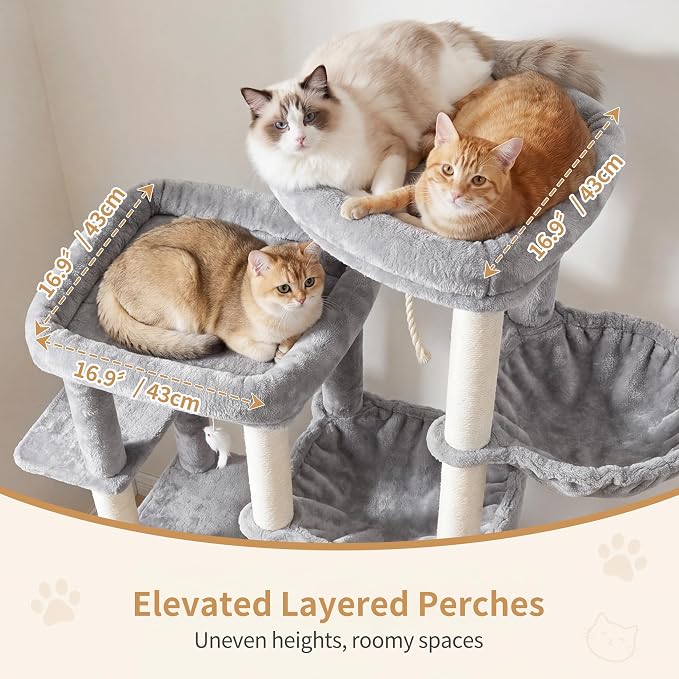 Heybly Cat Tree, 69.7 inches Secure Anti-Tip Cat Tower for Large Cats, Expansive Cat Furniture with Dual-Tier Cat Condo Villa, 2 Top Perches, Hammock & Full Sisal Scratching Posts, Light Gray HCT065W