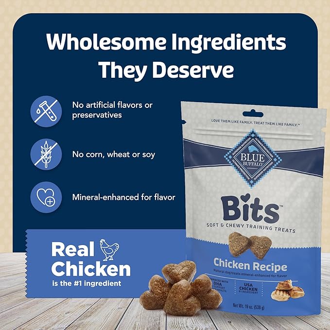 Blue Buffalo Bits Chicken Soft & Chewy Dog Treats, Bite-Sized for Training, Made with Real Chicken & Enhanced with DHA, Heart-Shaped Dog Treats, Made in the USA with Natural Ingredients, 19 oz.