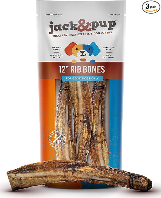 Jack&Pup 12" Rib Bones for Dogs (3 Pack), All Natural Dog Beef Bones, Single Ingredient Bone Marrow, Real Bone for Dogs