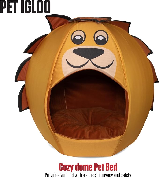 Maccabi Art Lion Theme Dog Bed - Cute Igloo Style Pet Bet - Fits Medium Dogs, Puppies, Cats - Pillow Insert with Plush Lined Interrior, Non-Slip Igloo Design - 25 x 25 x 22