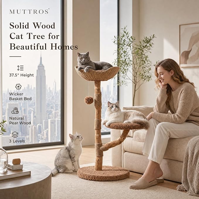 MUTTROS Modern Cat Tree Tower with Real Wood Branches and Wicker Basket Bed, Solid Wood Cat Climbing Furniture with Scratching Posts and 3 Hanging Balls for Indoor Cats, Brown