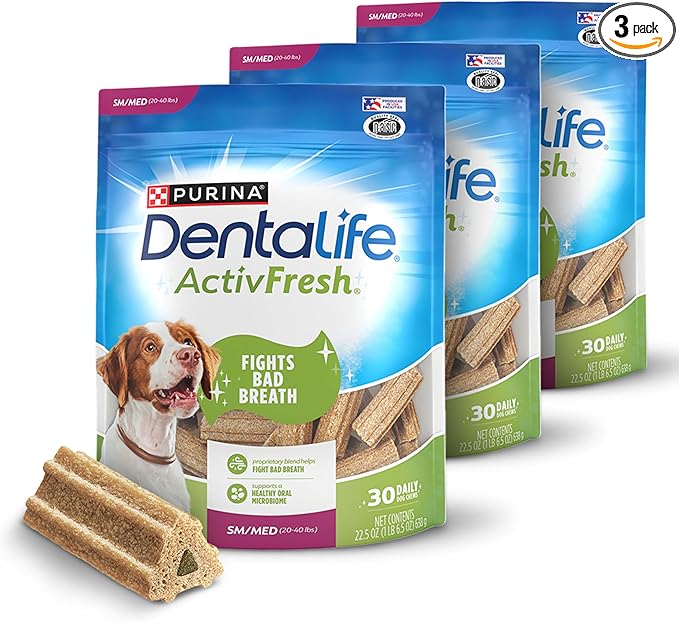 DentaLife ActivFresh Pack of 3 Dog Chews for Small and Medium Dogs 20-40 lbs., Dental Chews to Freshen Breath, Chicken Flavor, 22.5 oz. each, 30 Chews each/90 Total Chews - 30 ct. Pouch