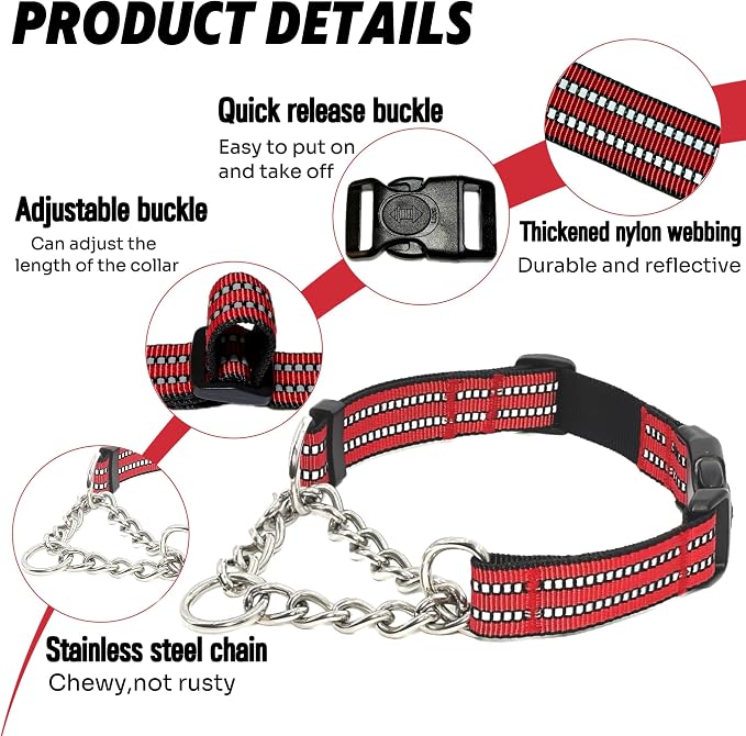 Martingale Dog Collars, Reflective Nylon Collar with Stainless Steel Chain, Adjustable Walking Training Dog Collars with Quick Release Buckle, Suitable for Small Medium Large Dogs(Red,M)