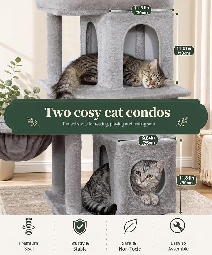 68 Inches Heavy Duty Cat Tree for Indoor Cat, Big Cat Tower with Sisal Scratching Posts and Top Perch, Large Platform for Adult Cats, PMT02GY, Grey