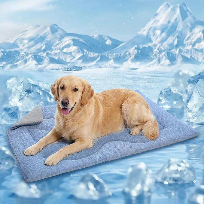 Queenmore Large Dog Cooling Mat for Dog, Portable Flat Pet Bed for Dogs and Cats, Non-Slip Summer Pet Sleeping Mat, Machine Washable, Dogs Cooling Pad Indoor (Blue Wave, XLarge(43" x 31"))