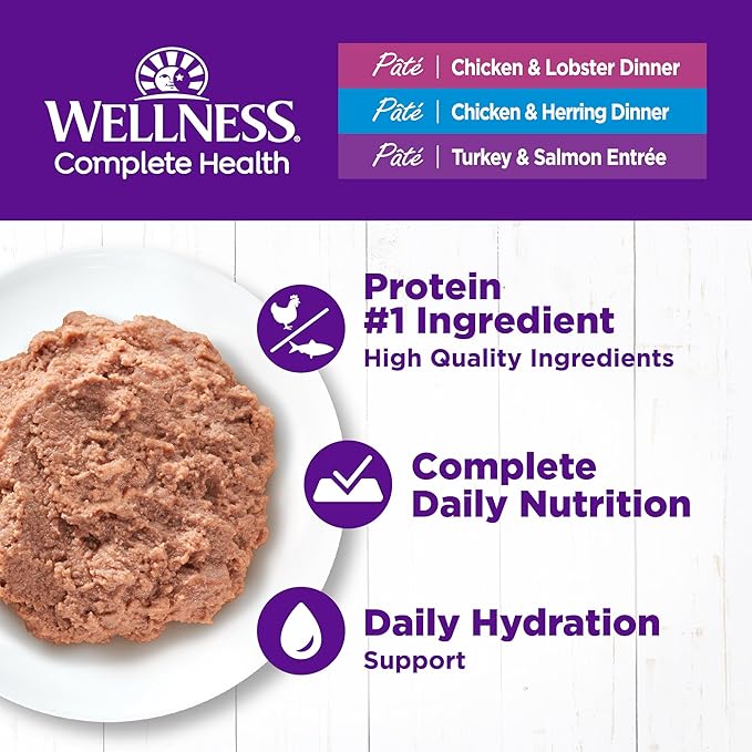 Wellness Complete Health Pate Variety Pack Adult Canned Wet Cat Food, Natural, Protein Rich, Grain Free, Seafood Favorites, 3 oz, Pack of 24 Cans