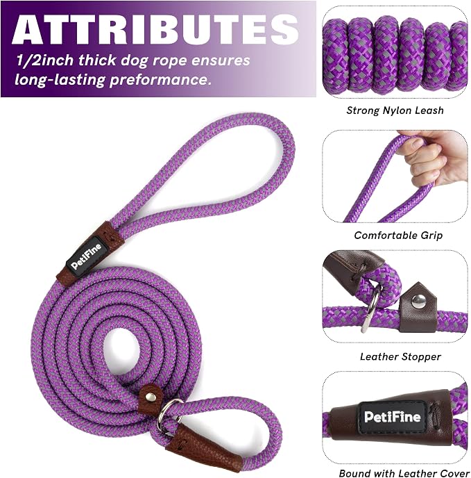 PetiFine Slip Lead, 6FT x 3/8" Reflective Durable Dog Training Leash, Heavy Duty Adjustable Nylon Dog Rope Leash for Small to Large Dogs (Purple)