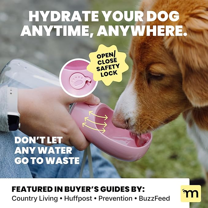 MalsiPree On the Go Dog Water Bottle Dispenser - 12 oz Pink - Leak-Proof Lock & One-Hand Operation - Pet Travel Bottle with Built-in Bowl, for Travel, Trail Hiking, Park Visit, Camping & Beach Days