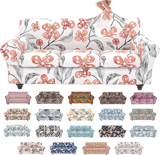 Stretch Couch Covers for 3 Separate Cushion Couch Sofa,Floral Printed Couch Sofa Cover,Washable Sofa Slipcover,Pet Friendly Furniture Protector with Elastic Bottom,Universal Fit for Home(Sofa,Cover)