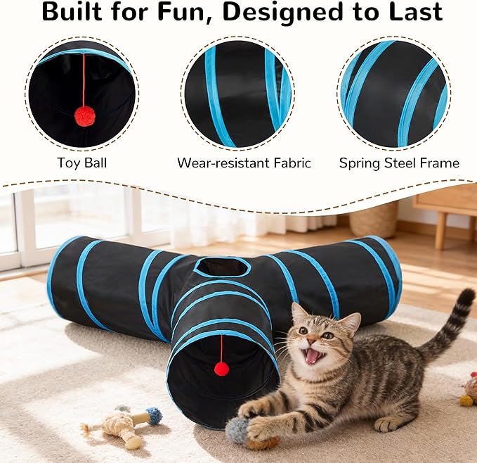Tempcore Cat Tunnel for Indoor Cats, 3 Way Collapsible Pet Play Tunnel with Teaser Wand, Peek Holes & Hanging Ball, Interactive Tube for Kittens & Rabbits, Black & Blue Large Size
