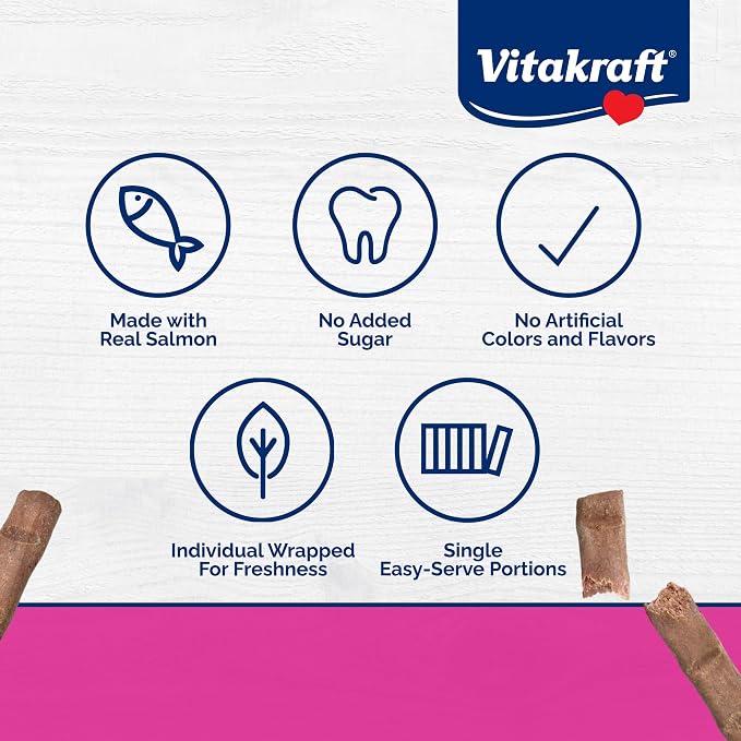Vitakraft PurrSticks for Cats - Nutritious & Healthy Soft Cat Treats - Gently Oven Roasted Meat Sticks for Cats w/ 70% Meat - Easy-to-Serve Cat Chew Sticks (Salmon, 24 Pack)