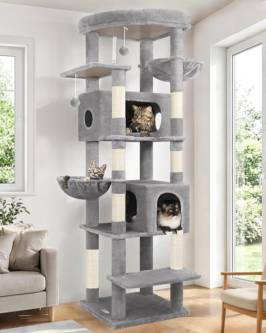 Globlazer Heavy Duty Cat Tree, 74in Tall Sturdy Cat Tower for Large Cats Adult Big Cat Tree with 7 Scratching Posts, 2 Condos with Pad, 2 Dual-Ear Hanging Baskets, Enlarged Top Perch, S74, Light Grey