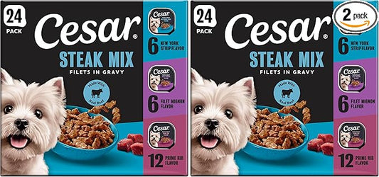 Cesar Filets in Gravy Adult Wet Dog Food Variety Package,Filet Mignon,New York Strip and Prime Rib Flavors,3.5 oz. Easy Peel Trays,Variety Pack,24 Count (Pack of 2)