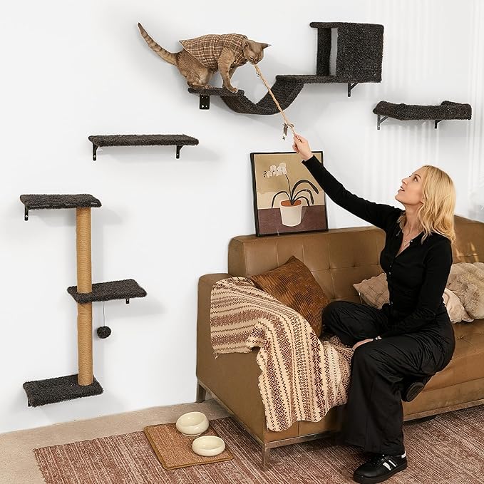 FUKUMARU Cat Wall Shelves, Stable & Safe 5 in 1 Cat Walls Furniture Set, Wooden Kitten Climbing Wall with Scratching Post for 16 Inch Drywall - Gray