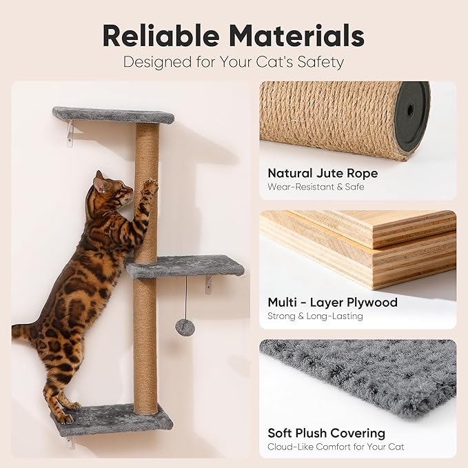 FUKUMARU Cat Wall Shelves, Stable & Safe 4 in 1 Cat Walls Furniture Set, Wooden Kitten Climbing Wall with Scratching Post for 16 Inch Drywall - Light Gray