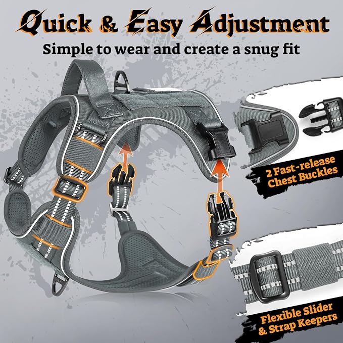 rabbitgoo Tactical Dog Harness for Small Dogs No Pull Adjustable Military Vest with Handle MOLLE Reflective Heavy Duty Dog Vest for Walking Training Hunting Outdoor Working Medium Size Dog Grey S