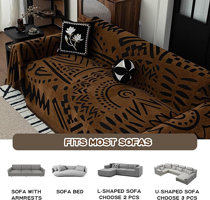 MEETSKY Boho Couch Cover Sofa Covers, Chenille Geometric Dark Brown Couch Covers for 2 Cushion Couch Sofa for Dogs, Washable Sofa Slipcover for Cat Sofa Protector with Tassels,71" x 118"