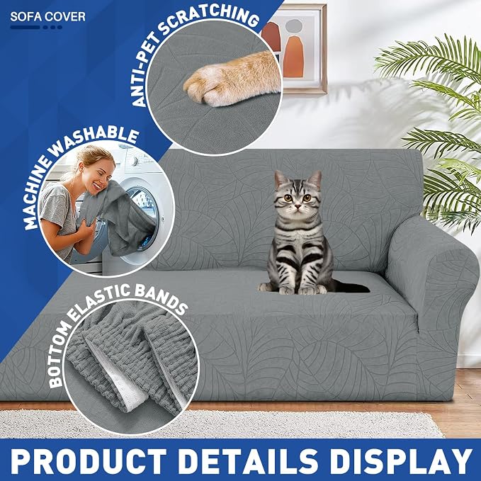 YEMYHOM Couch Cover Latest Jacquard Design High Stretch Sofa Covers for 3 Cushion Couch, Pet Dog Cat Proof Slipcover Non Slip Magic Elastic Furniture Protector (Large, Begonia Leaf Dark Gray)