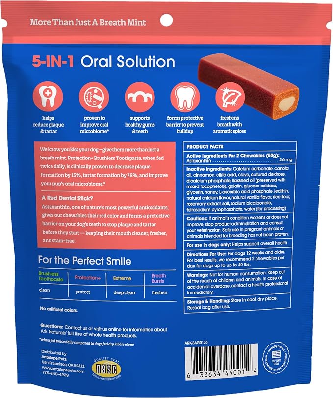 Ark Naturals Protection Plus Brushless Toothpaste for Medium Breeds, 18 oz Bag, Dog Dental Chew with Toothpaste Center, Prevent Plaque & Tartar, Freshen Breath