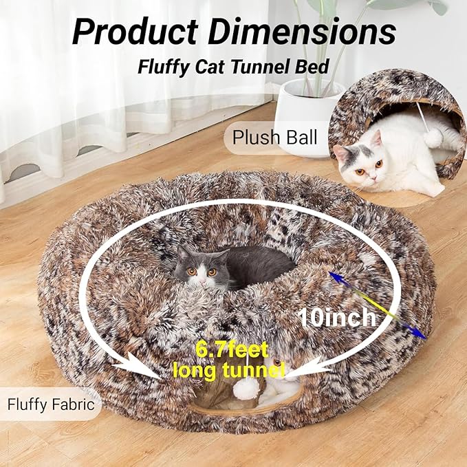 Warm Fluffy Plush Cat Tunnel Bed with Washable Cushion- Big Tube Playground Toys 3 FT Diameter Collapsible, for Indoor Cat Kitty Kitten Puppy Rabbit Ferret Leopard Print