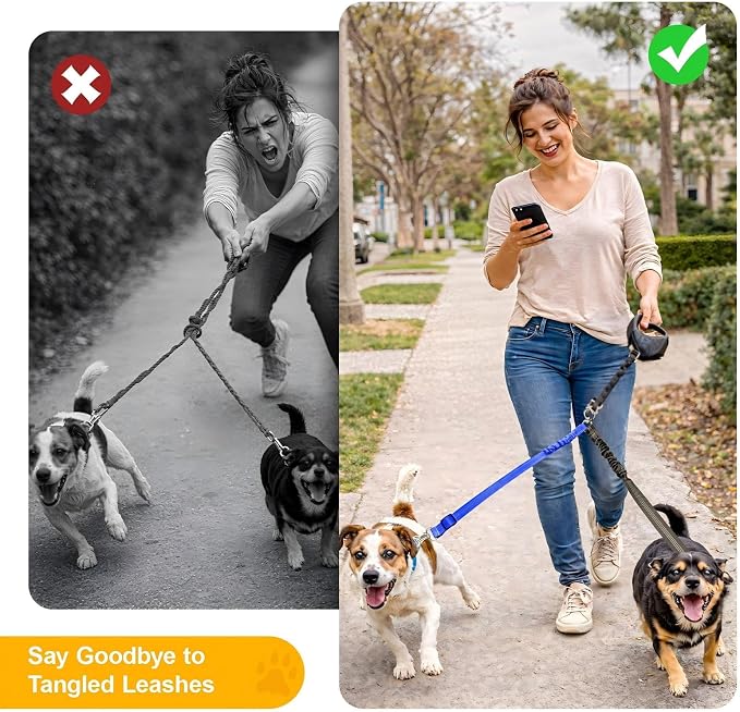 Double Dog Leash for Two Dogs, Professional No Tangle 360° Swivel Coupler with Shock Absorbing Bungee, Adjustable Length Dual-Sided Reflective Two Dogs Lead Splitter for Small Medium Large Dog